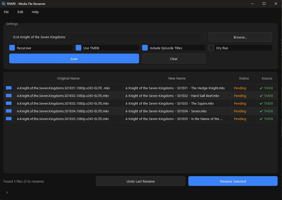 RNMR batch rename preview with file list